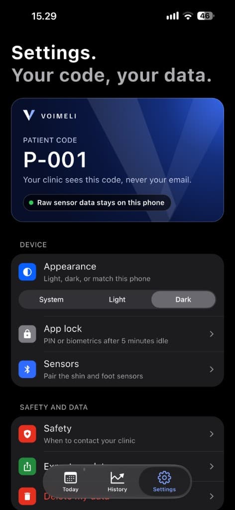 Settings screen: patient code P-001, and a note that raw sensor data stays on this phone.