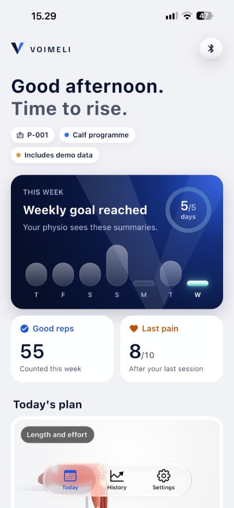 Voimeli Today screen in light mode, with the week card and today’s plan.